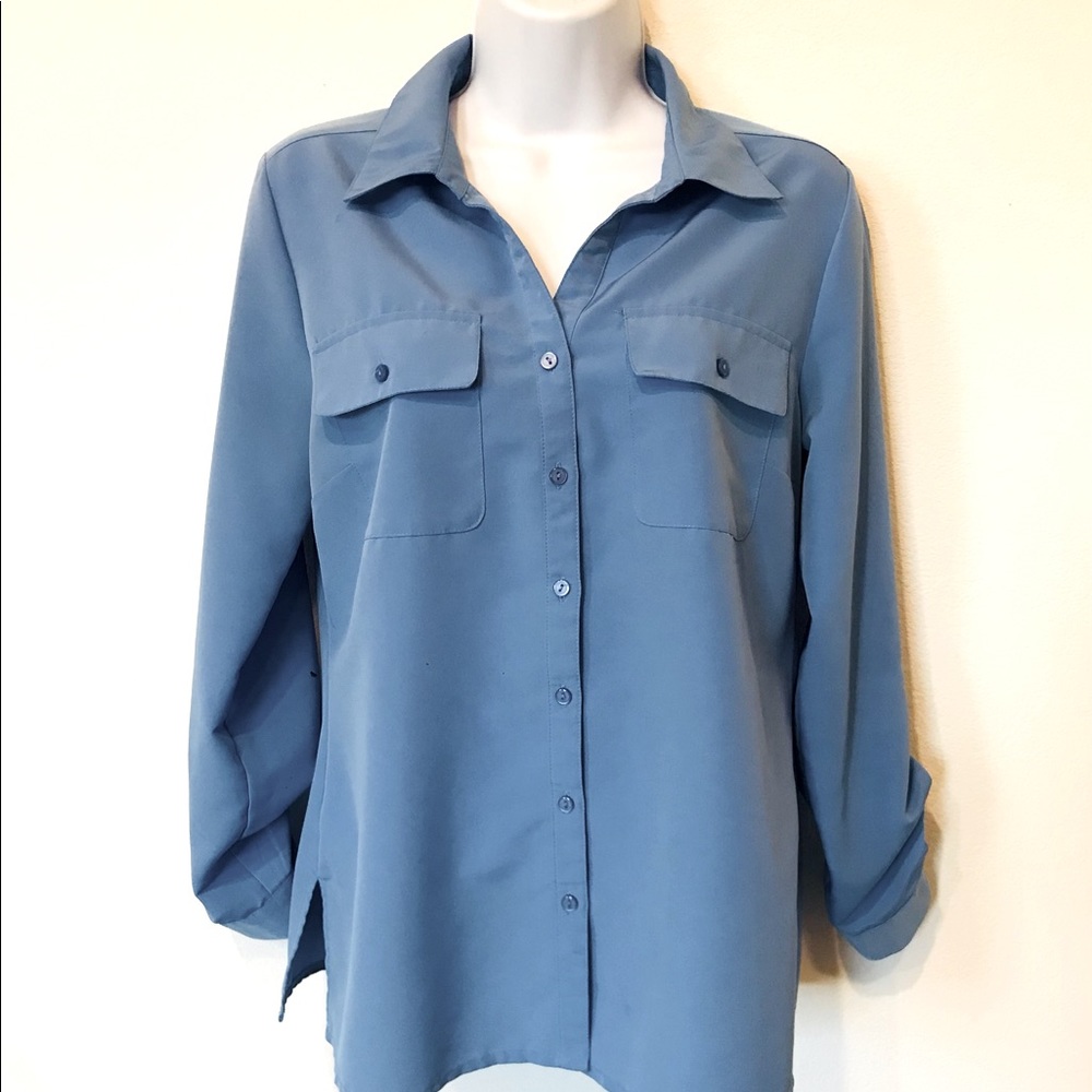 Notations Blue Button Down Polyester Blouse Size Small